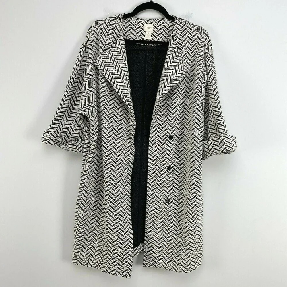 Chicos 1 Womens Medium Jacket‎ 3/4 Sleeve Snap Closure Relax Coat Lagenlook